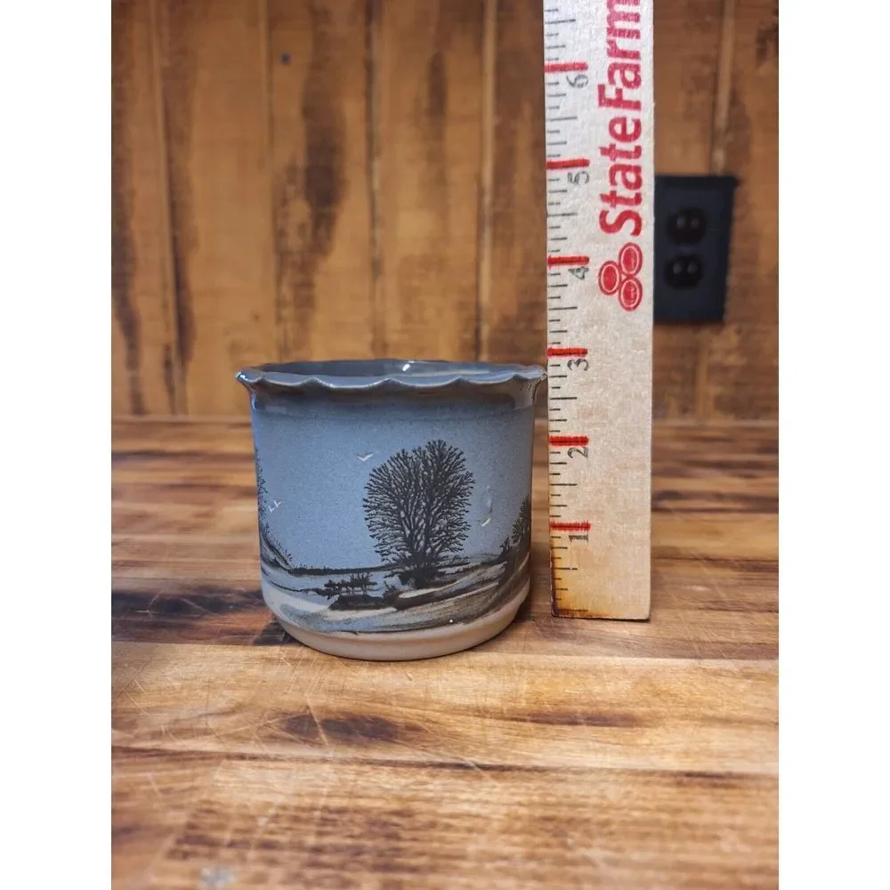 Wonderful‎ hand-made studio pottery brush pot / vase grey tones trees & birds